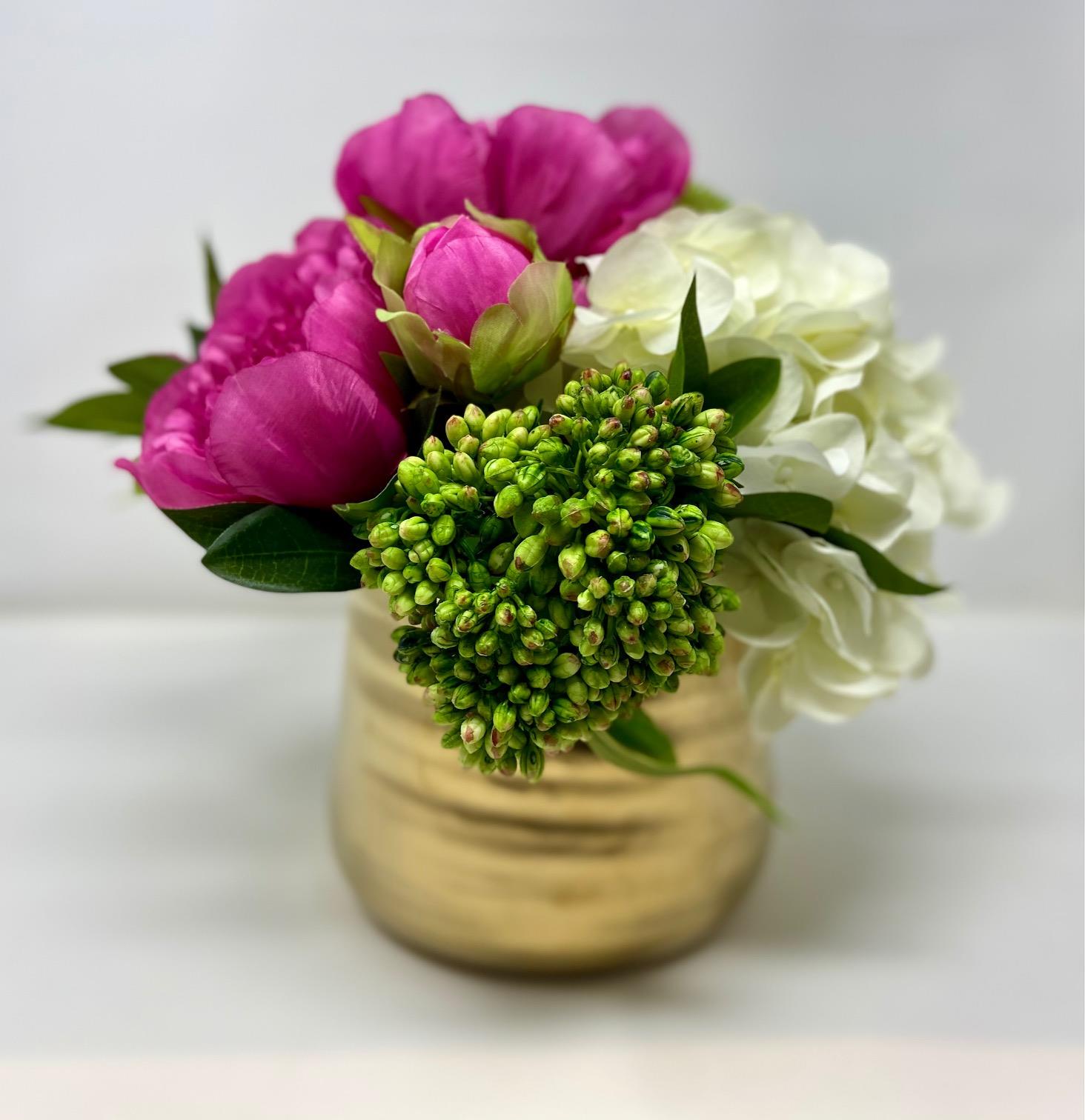 Floral Arrangement Mix of Pink & Green in Gold Container