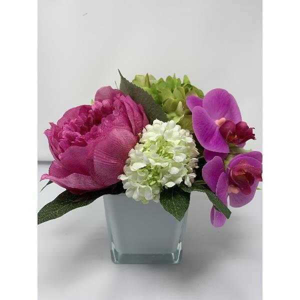 Pink and Green Arrangement - White Vase