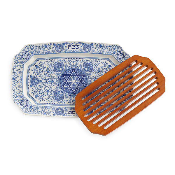 Spode Blue Italian Challah Tray with Wood Insert