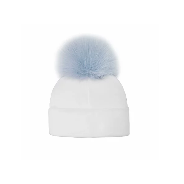 Cotton Baby Hat with Blue Fox Pompom