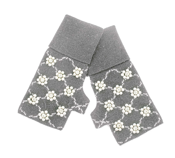 Light Grey Fingerless Gloves with Flower Beads