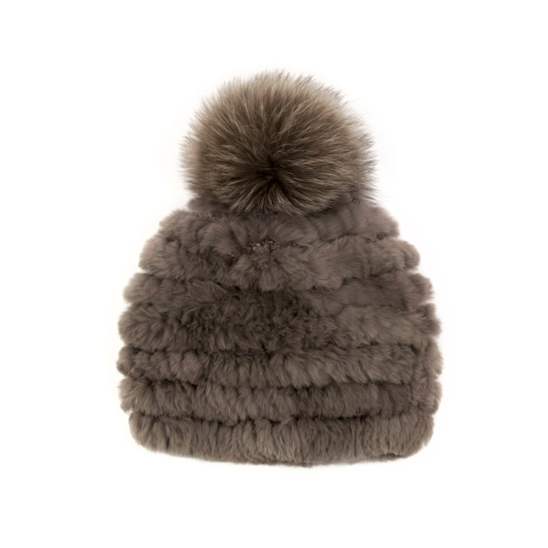 Fur Beanie Hat with Fox Pompom