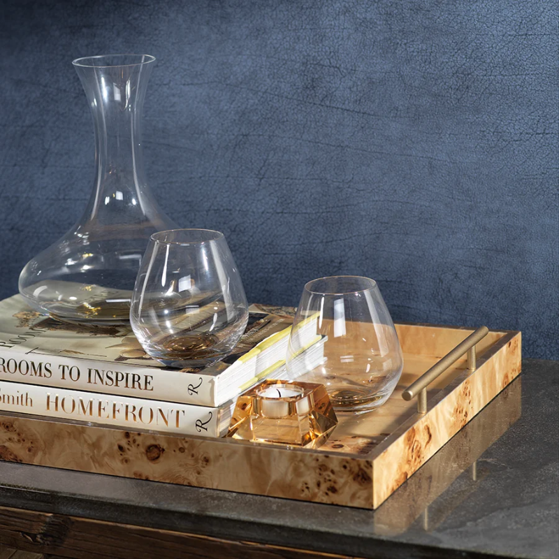 Burl Wood Tray with Gold Handles
