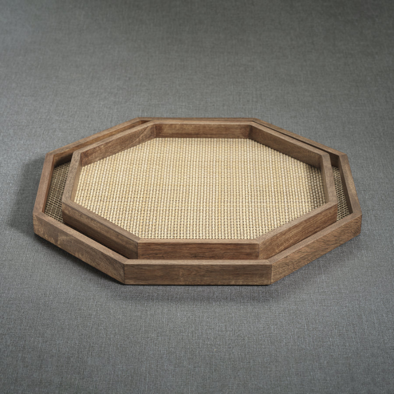 Small Octagonal Mango Wood Rattan Tray