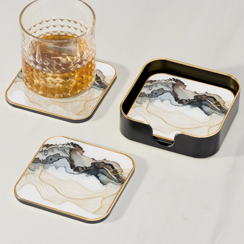 Set of 4 Savoy Gold &amp; White Marble Coasters