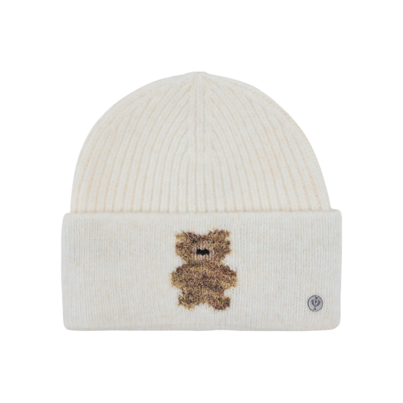 Knitted Beanie With Golden Teddy Bear