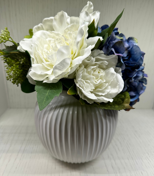 Blue &amp; White Hydrangeas in Ribbed Planter Floral Arrangement