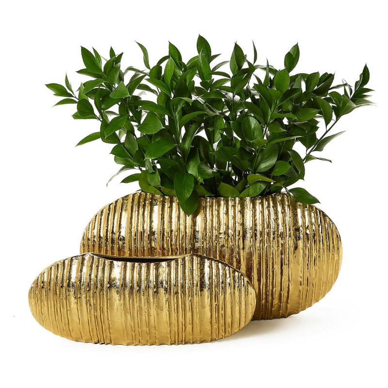Large Gold Pleated Oval Vase