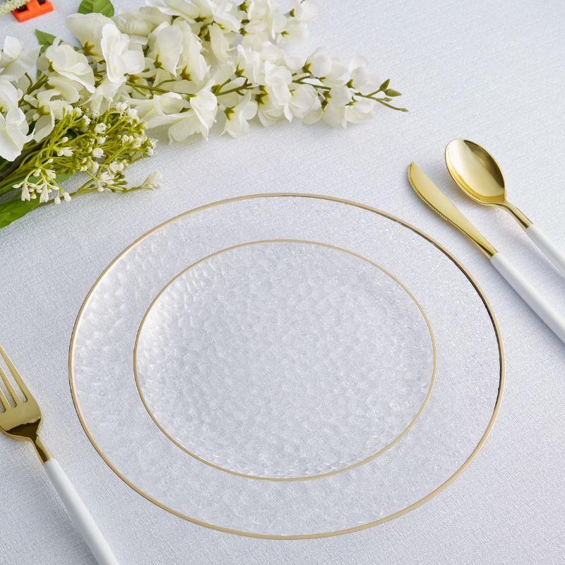 Gold Trim Clear Pebble Plastic Plates Set