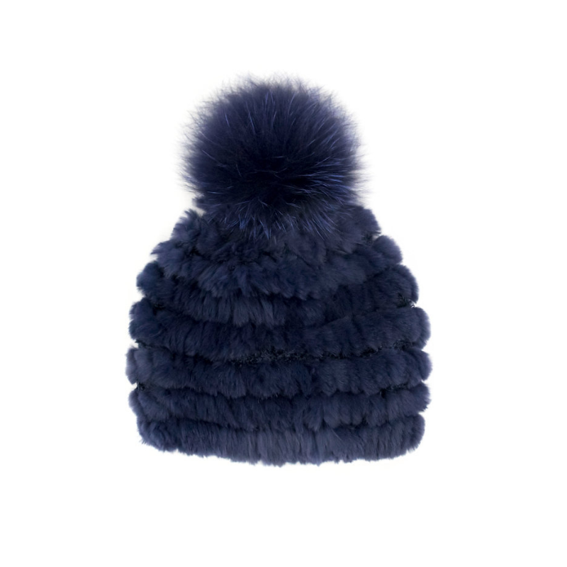 Fur Beanie Hat with Fox Pompom