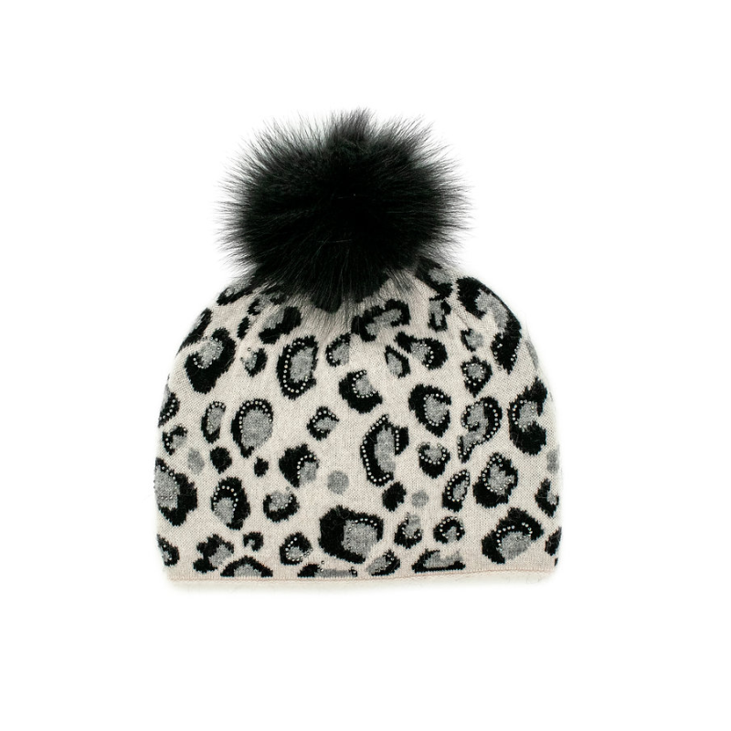 Leopard Print Knitted Hat with Fox Pom