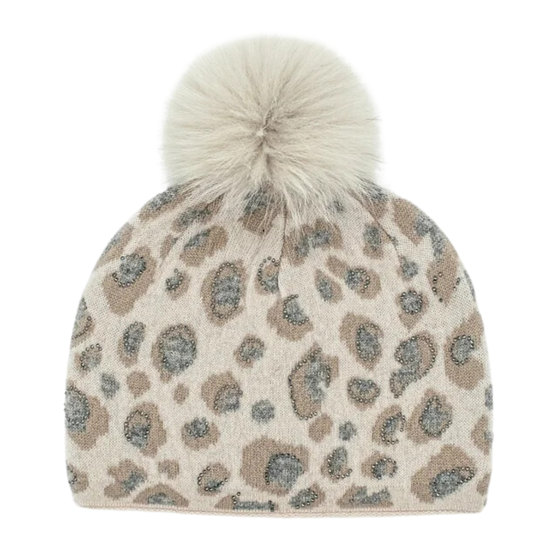 Leopard Print Knitted Hat with Fox Pom