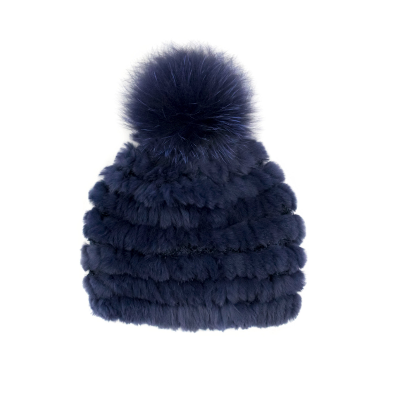 Fur Beanie Hat with Fox Pompom