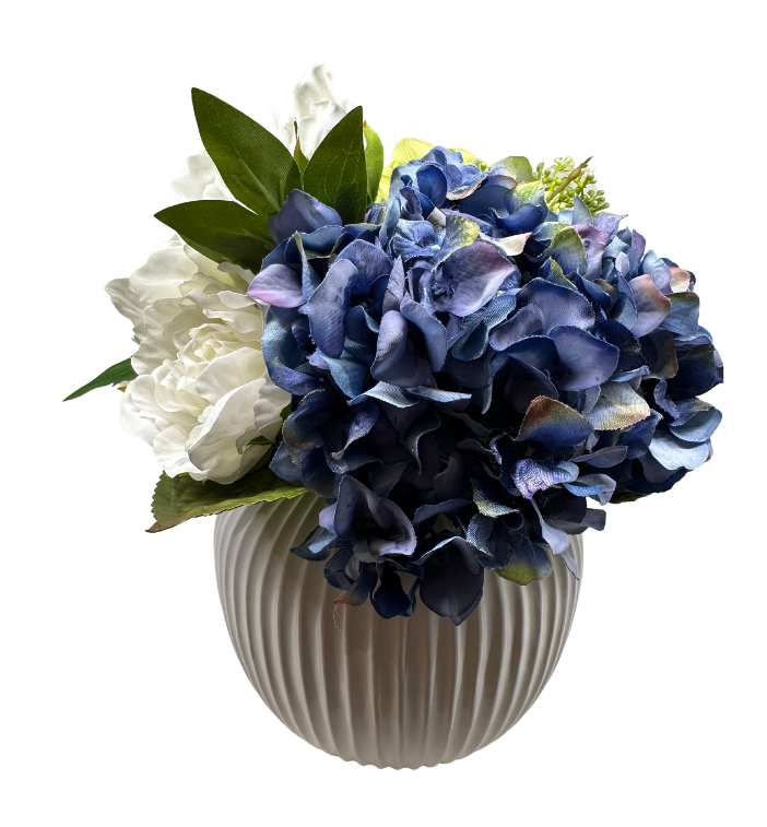 Blue & White Hydrangeas in Ribbed Planter Floral Arrangement