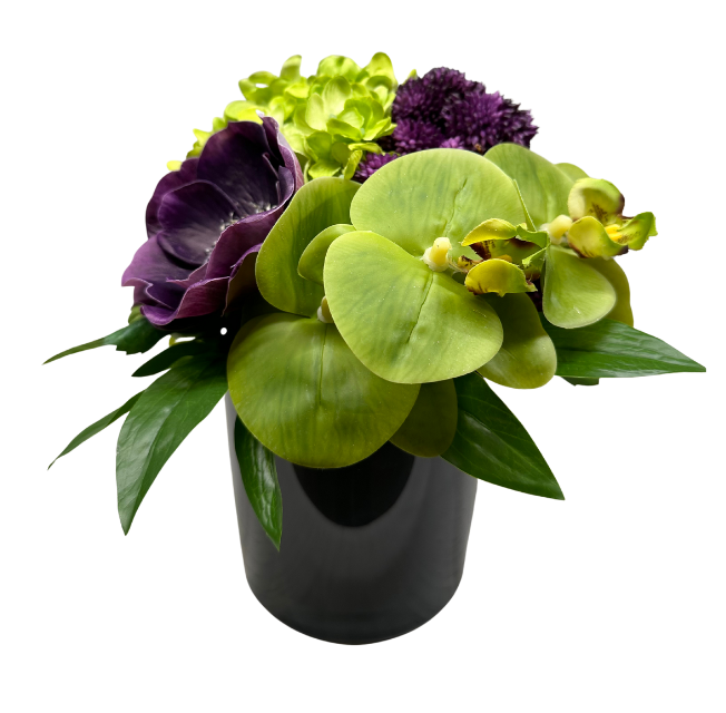 Anemone & Orchid in Black Vase Floral Arrangement
