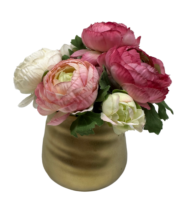 White & Pink Peonies in Gold Planter Floral Arrangement