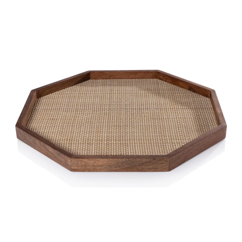 Octogonal Mango Wood Rattan Tray