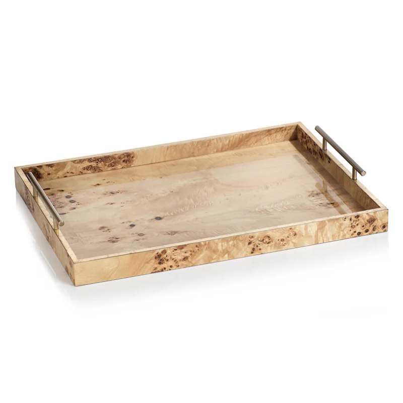 Burl Wood Tray with Gold Handles