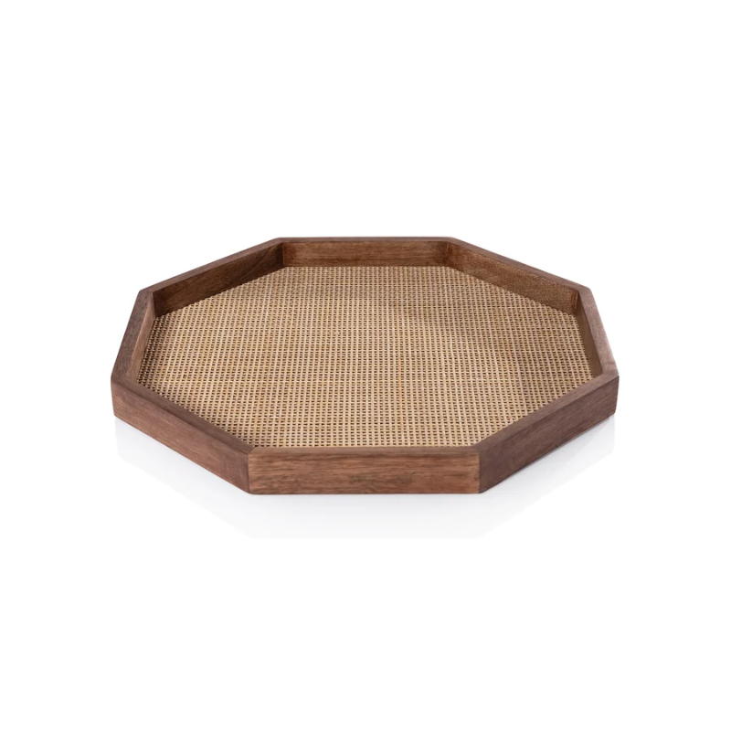 Small Octagonal Mango Wood Rattan Tray