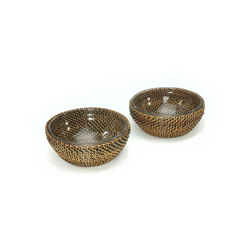 Set of 2 Round Glass Serving Bowls with Basket