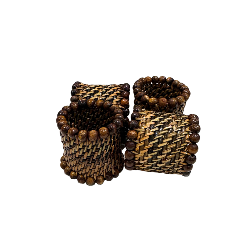 Set of 4 Walnut Beaded Napkin Rings