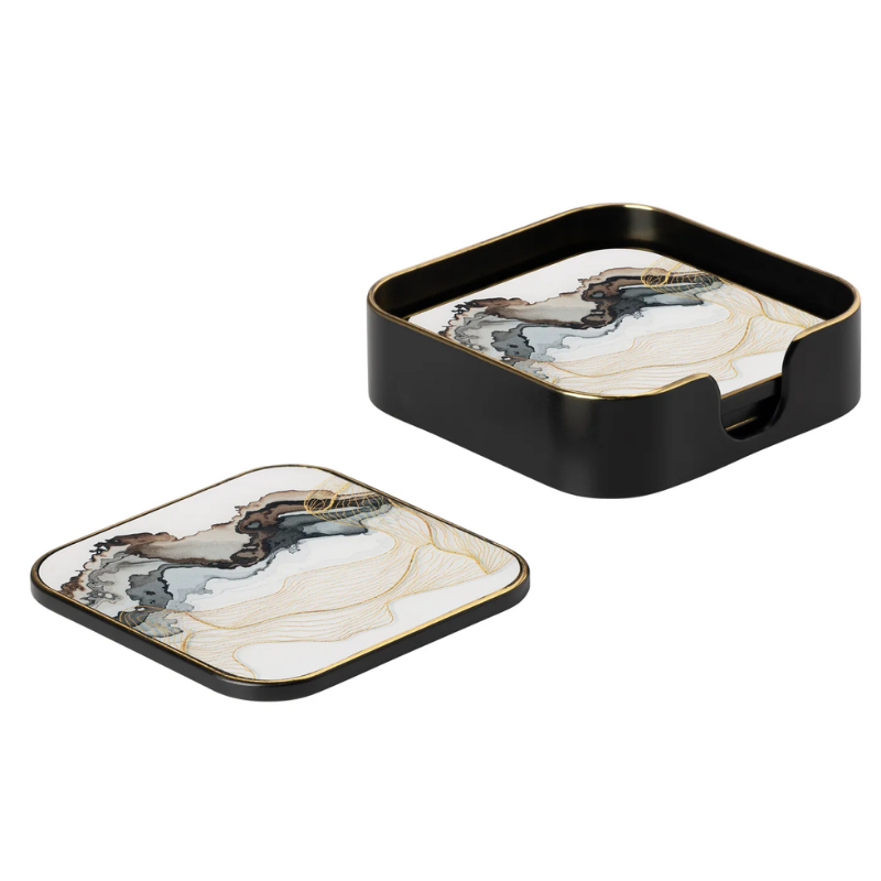 Set of 4 Savoy Gold & White Marble Coasters