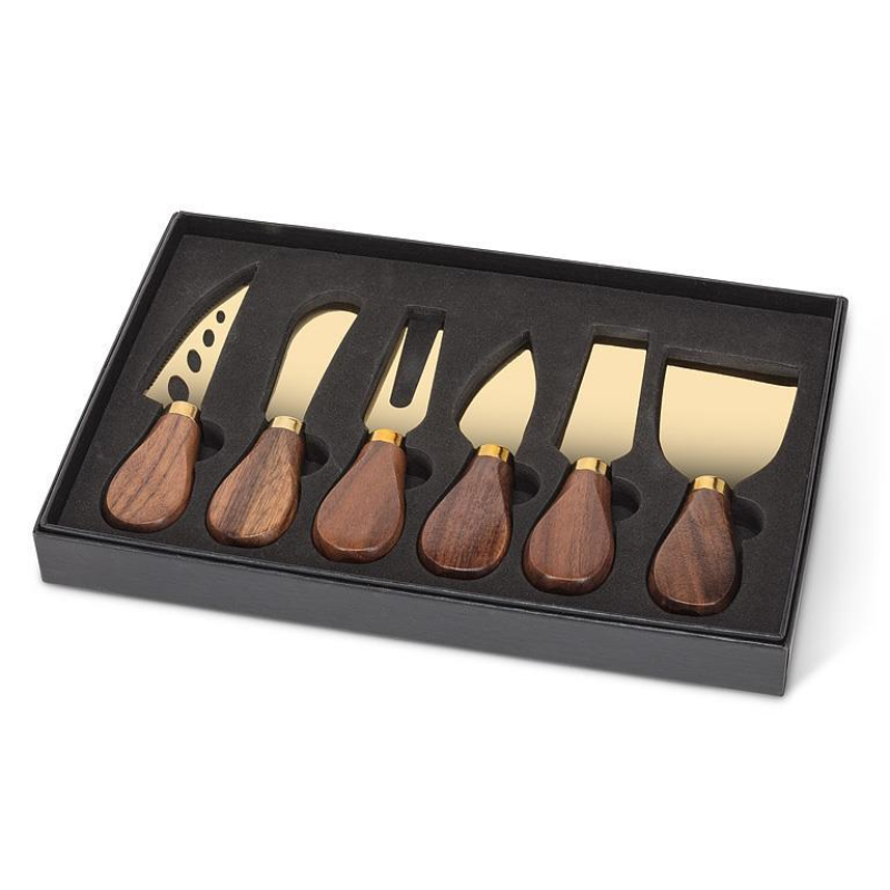 Set of 6 Walnut Handle Gold Cheese Knives
