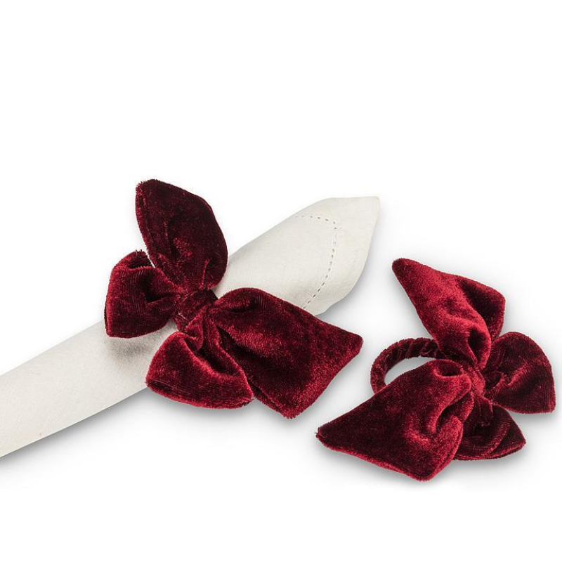 Set of 4 Burgundy Velvet Bow Napkin Rings