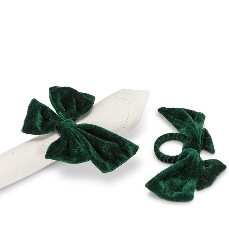 Lot de 4 ronds de serviette en velours vert à nœud