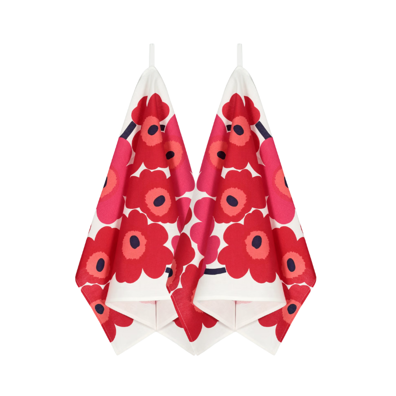 Marimekko Set of 2 Red &amp; White Unikko Tea Towel
