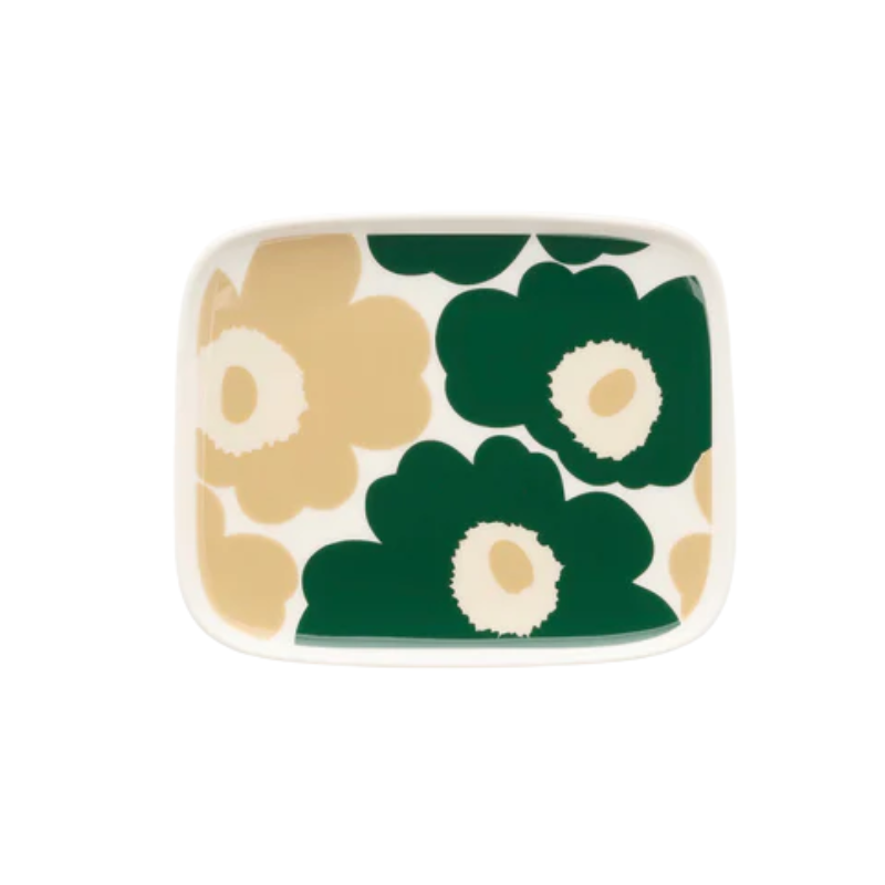 Marimekko Oiva Unikko Green &amp; Beige Rectangular Plate