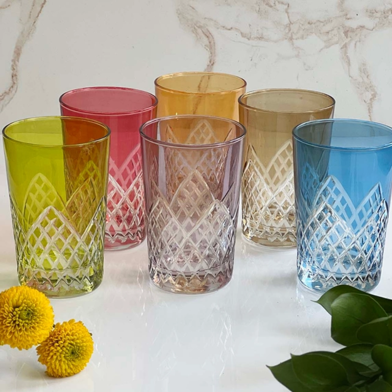 Set of 6 Carved Pyramid Tea Glass