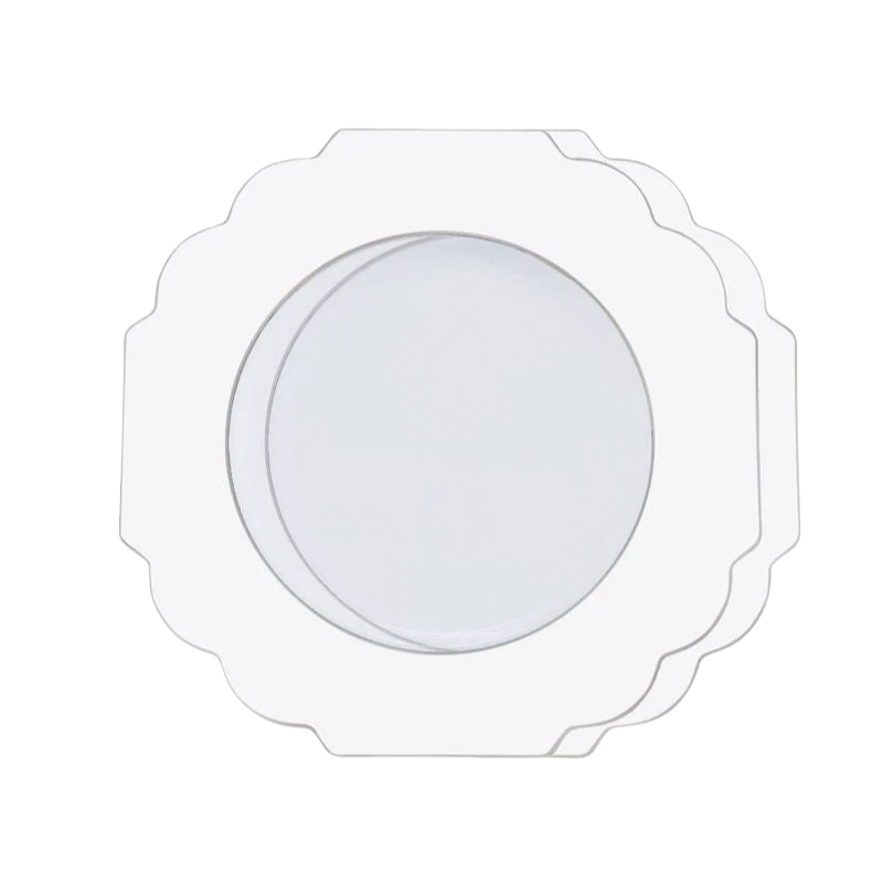 White &amp; Silver Scalloped Plastic Dinner Plates