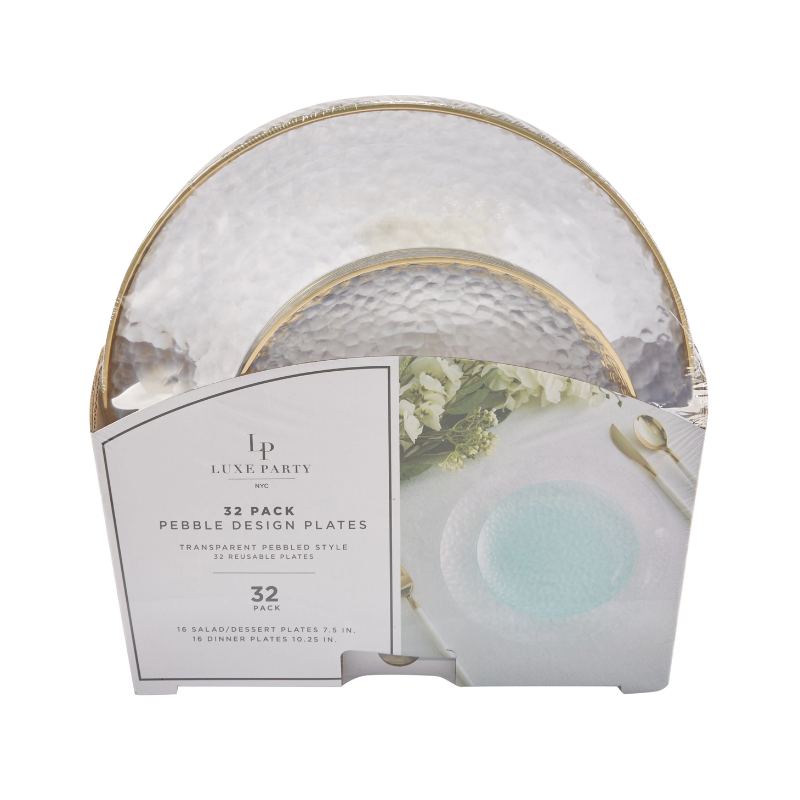 Gold Trim Clear Pebble Plastic Plates Set