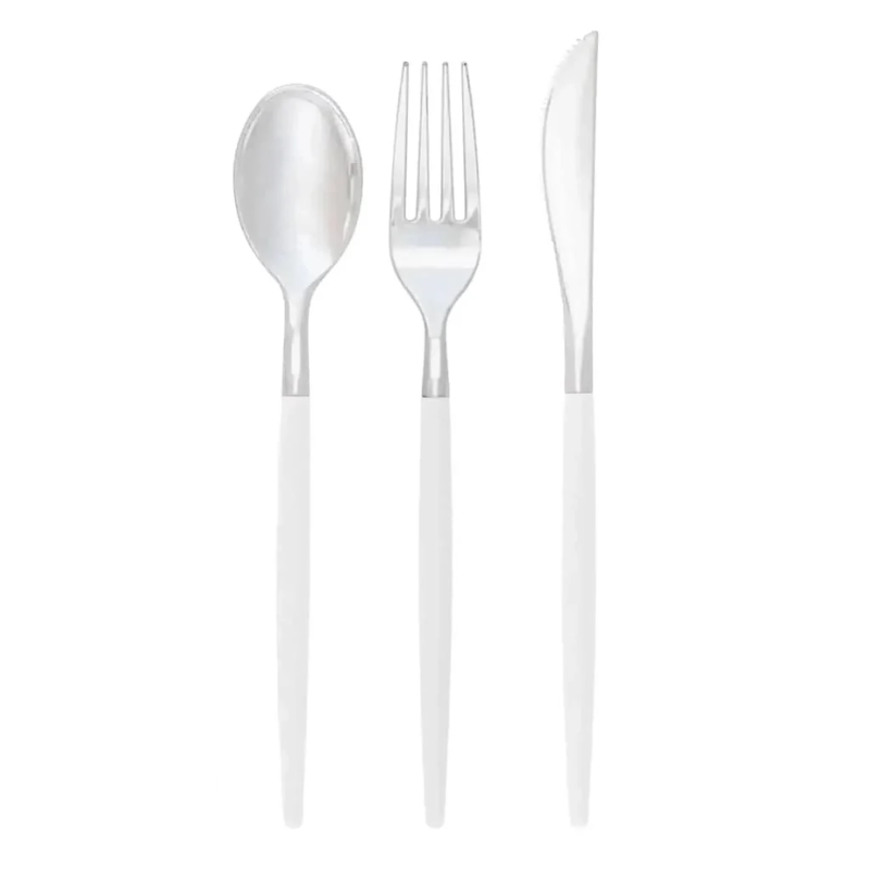 Silver &amp; White Plastic Cutlery Set