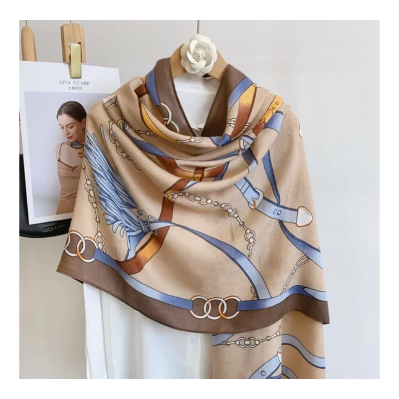 Beige & Blue Belt Print Scarf