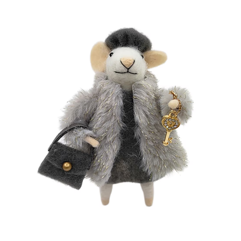Mouse With Grey Coat And Handbag Ornament