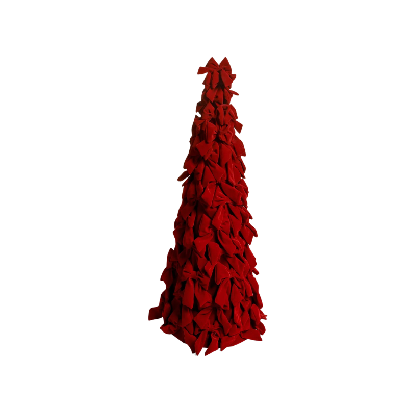 Petit sapin en polyvelours rouge à nœud