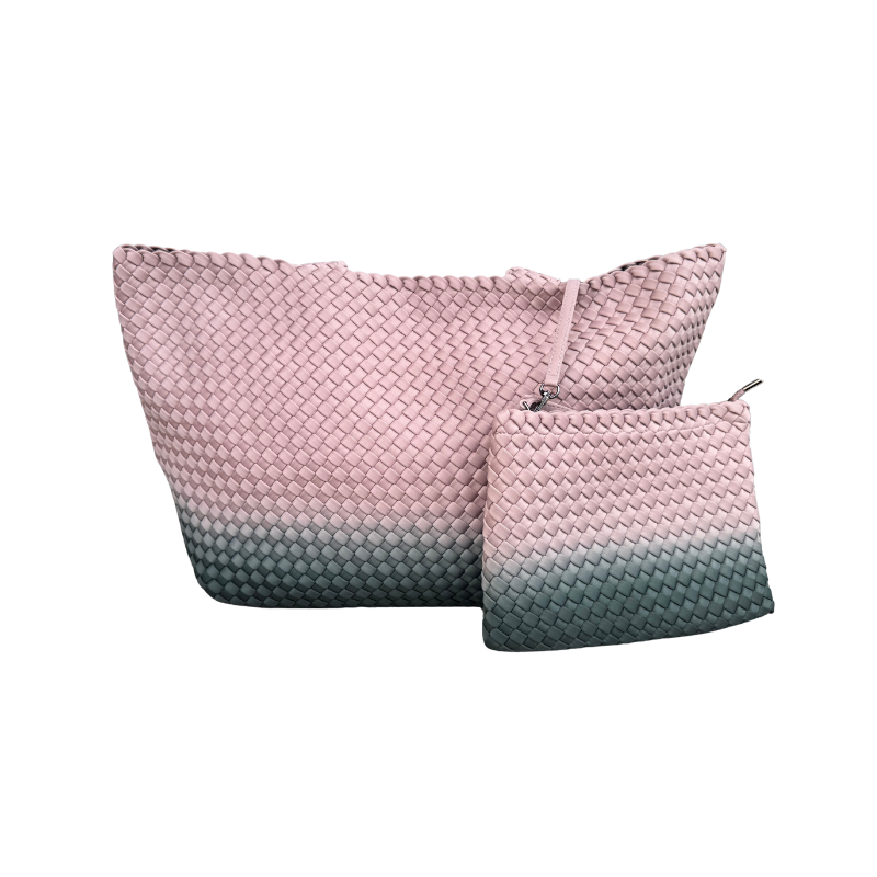Basketweave Pink & Green Summer Bag With Pouch