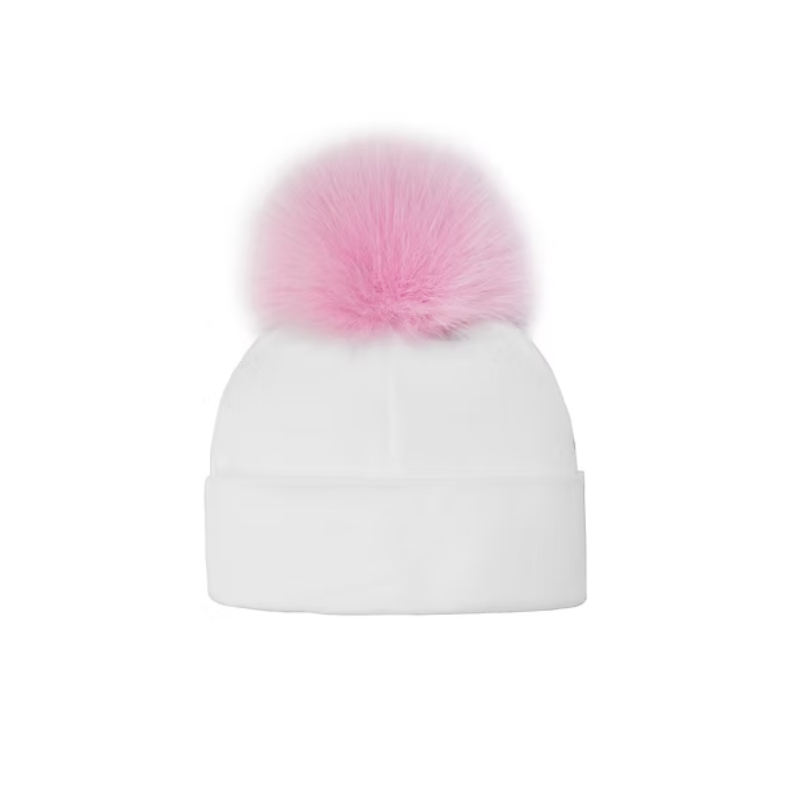 Cotton Baby Hat with Pink Fox Pompom