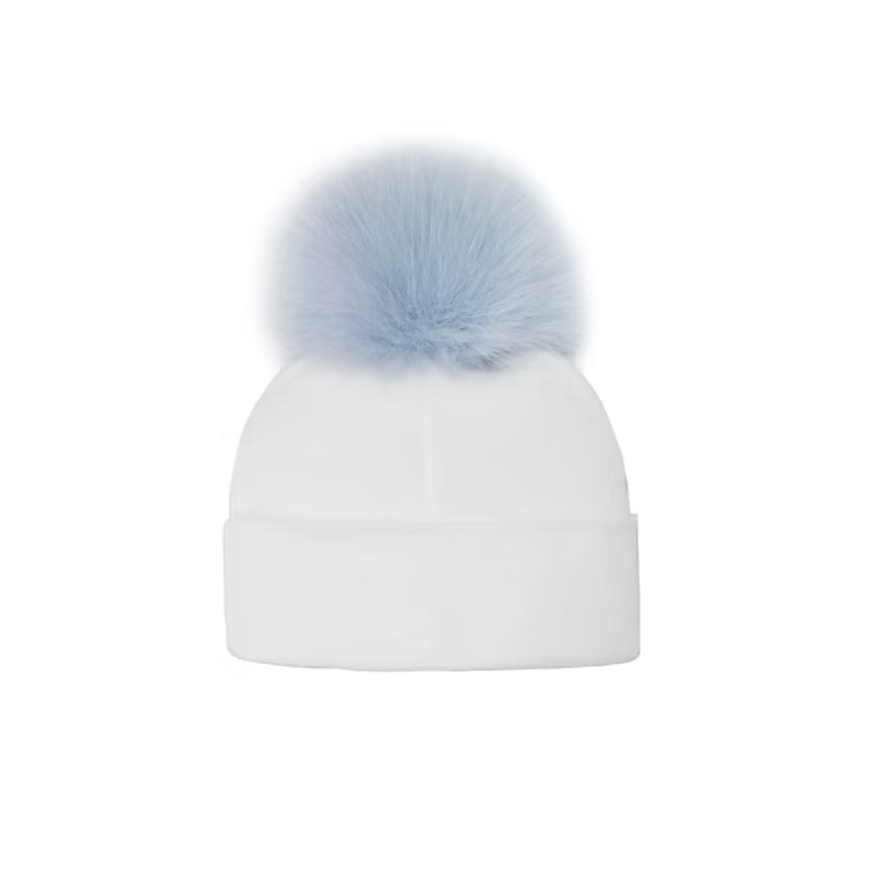 Cotton Baby Hat with Blue Fox Pompom