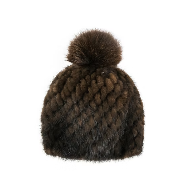 Brown Mink Hat with Fox Pompom