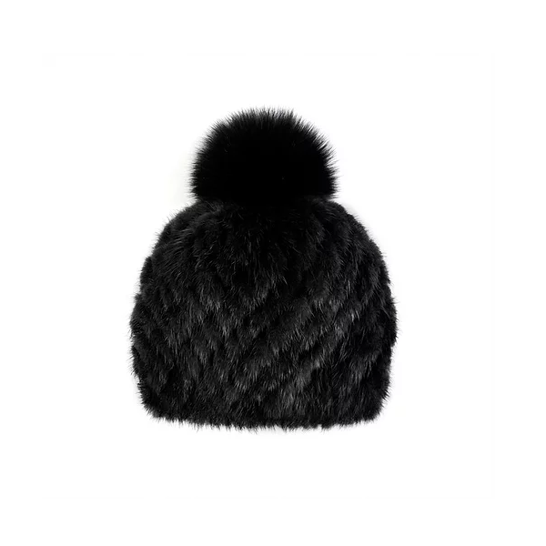 Black Mink Hat with Fox Pompom