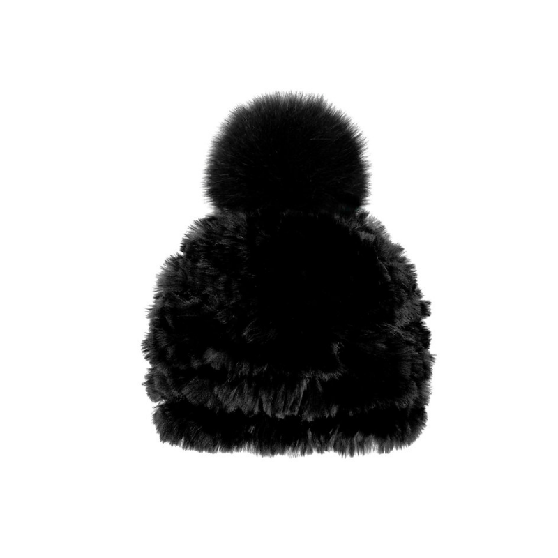 Fur Beanie Hat with Fox Pompom