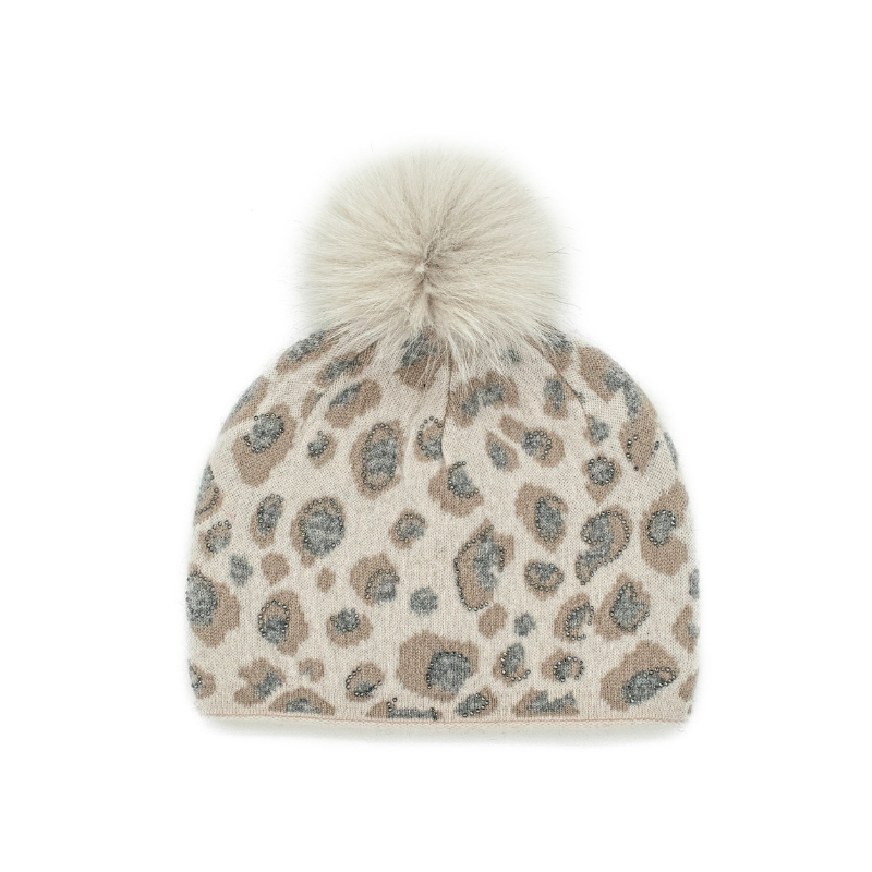 Leopard Print Knitted Hat with Fox Pom