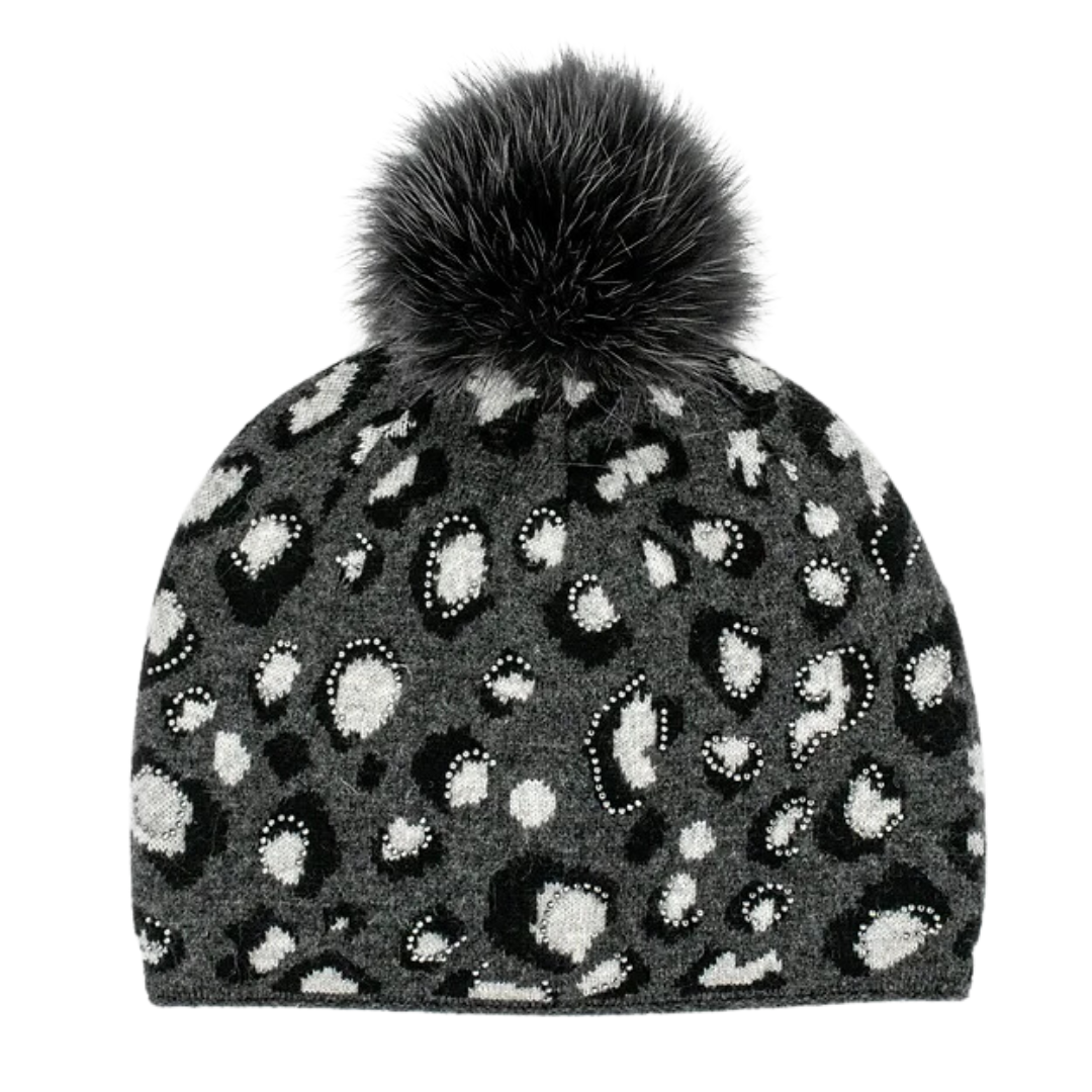 Leopard Print Knitted Hat with Fox Pom