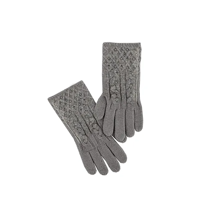 Grey Knit Gloves with Crystals