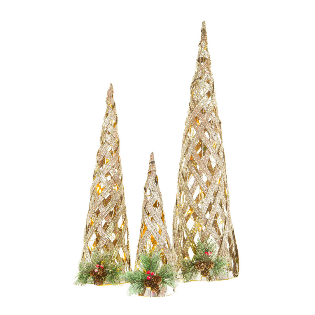 Glittered Gold Lighted Trees Set of 3