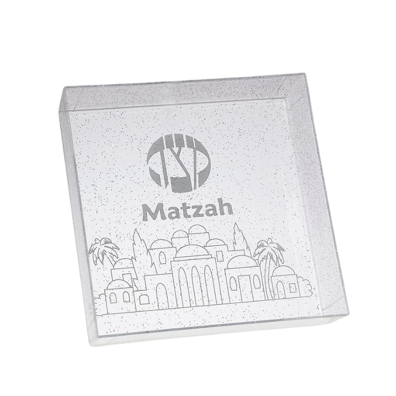 Clear Matzah Tray with Silver Glitter