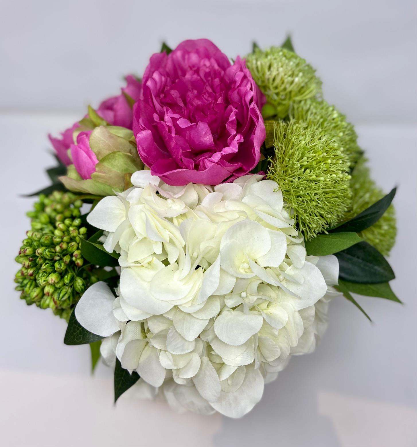 Floral Arrangement Mix of Pink & Green in Gold Container